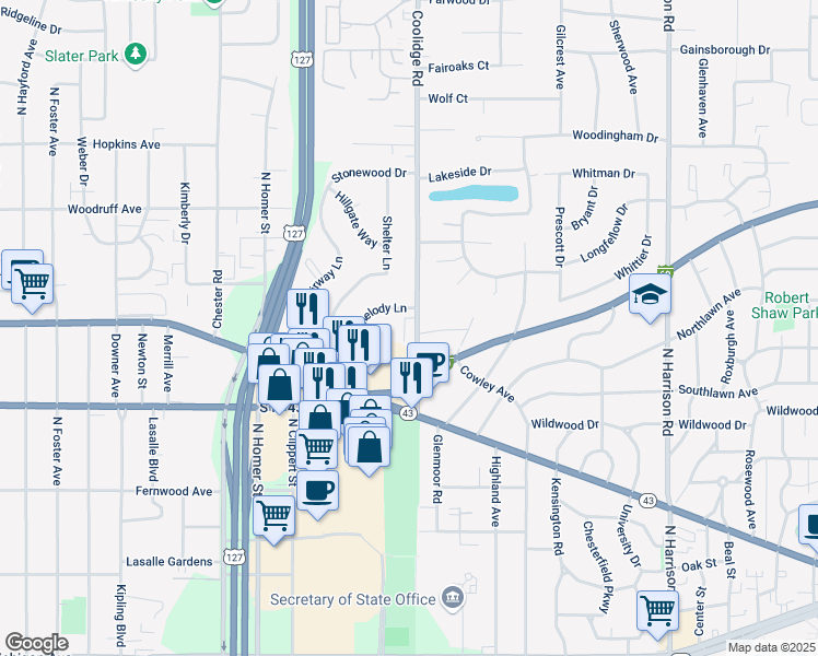 map of restaurants, bars, coffee shops, grocery stores, and more near 905 Coolidge Road in Lansing