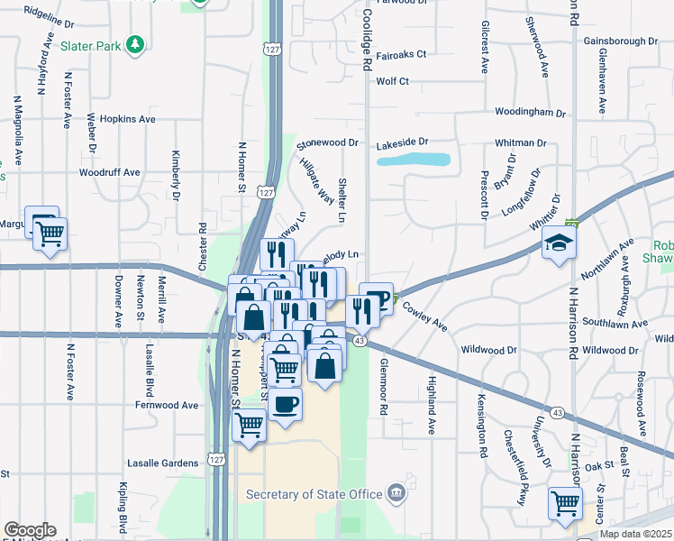 map of restaurants, bars, coffee shops, grocery stores, and more near 3208 Holiday Drive in Lansing