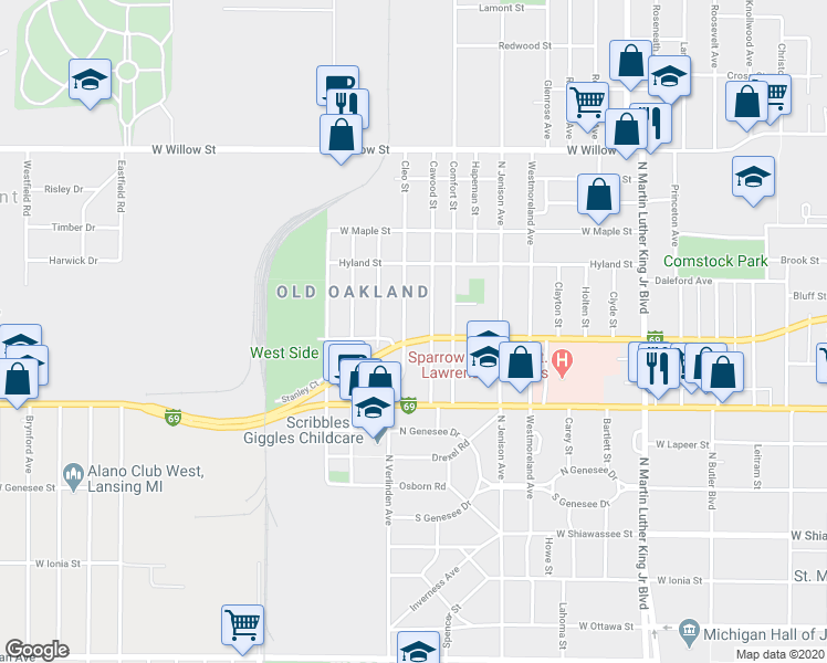 map of restaurants, bars, coffee shops, grocery stores, and more near 743 Cawood Street in Lansing
