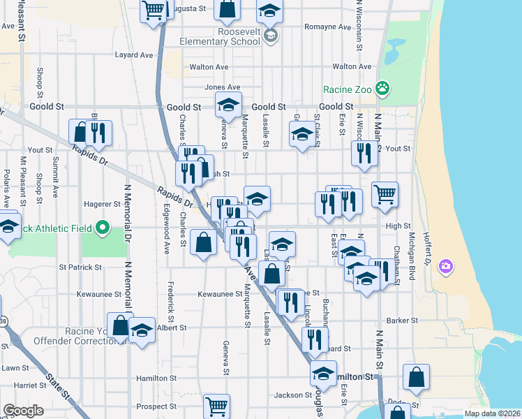 map of restaurants, bars, coffee shops, grocery stores, and more near in Racine