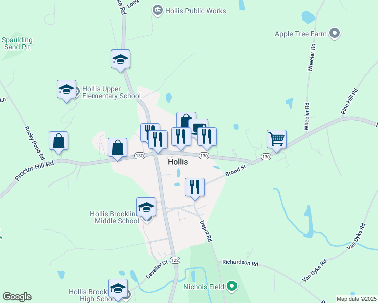 map of restaurants, bars, coffee shops, grocery stores, and more near 14 Ash Street in Hollis