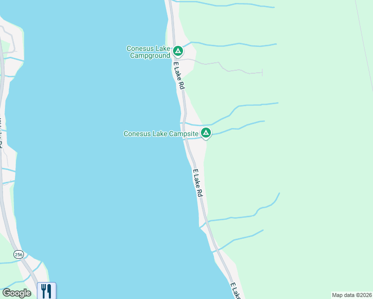 map of restaurants, bars, coffee shops, grocery stores, and more near 5732 East Lake Road in Conesus