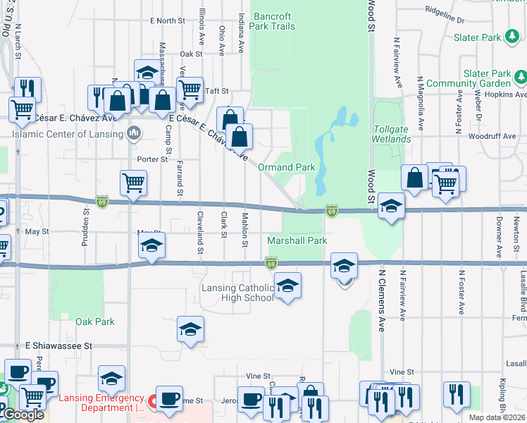 map of restaurants, bars, coffee shops, grocery stores, and more near 1500 East Oakland Avenue in Lansing