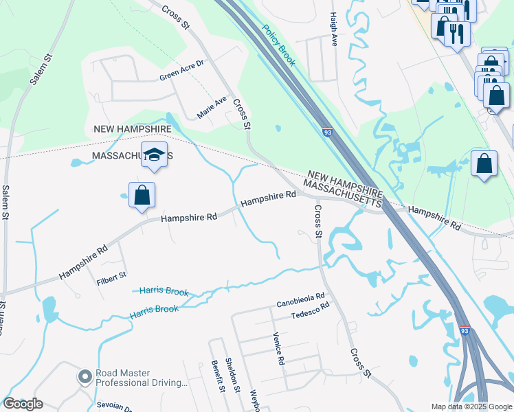 map of restaurants, bars, coffee shops, grocery stores, and more near 109 Hampshire Road in Methuen