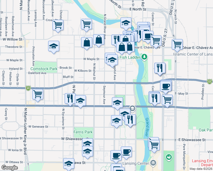 map of restaurants, bars, coffee shops, grocery stores, and more near 830 Seymour Avenue in Lansing