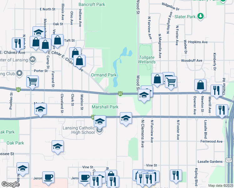 map of restaurants, bars, coffee shops, grocery stores, and more near 1700 East Grand River Avenue in Lansing