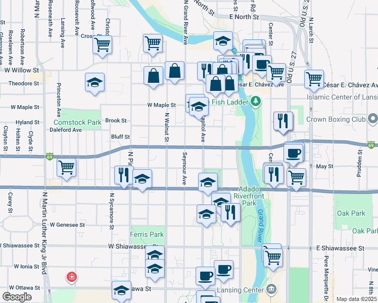 map of restaurants, bars, coffee shops, grocery stores, and more near 804 Seymour Avenue in Lansing