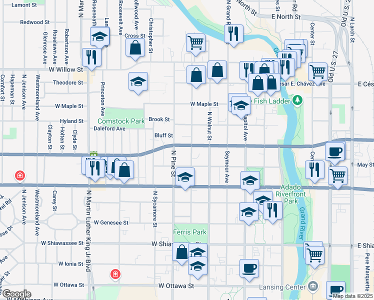 map of restaurants, bars, coffee shops, grocery stores, and more near 524 West Madison Street in Lansing