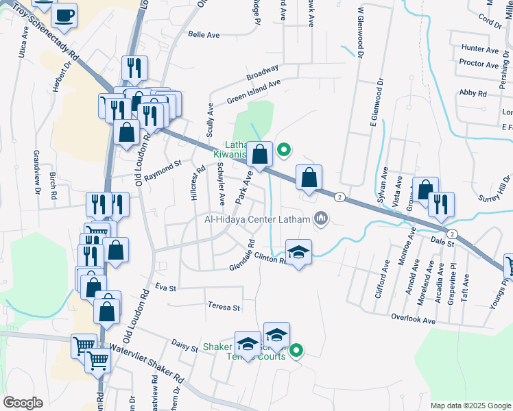 map of restaurants, bars, coffee shops, grocery stores, and more near 7 Hudson Place in Latham