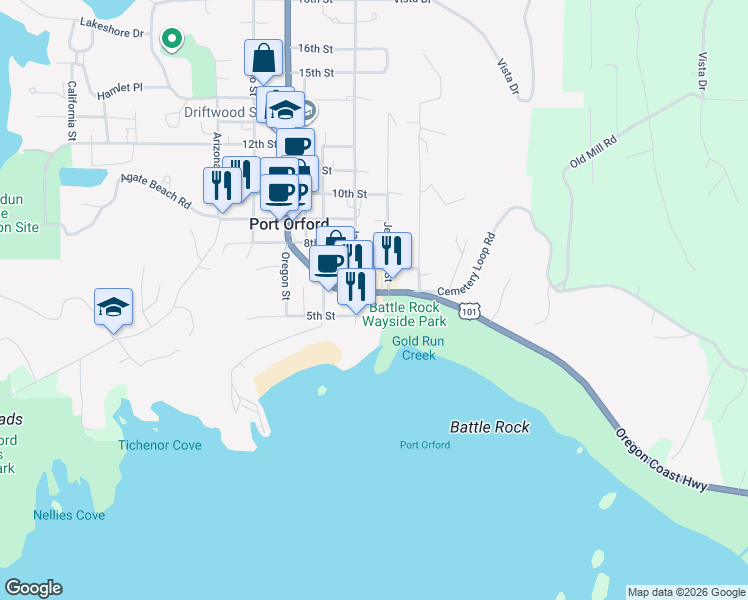 map of restaurants, bars, coffee shops, grocery stores, and more near 267 6th Street in Port Orford