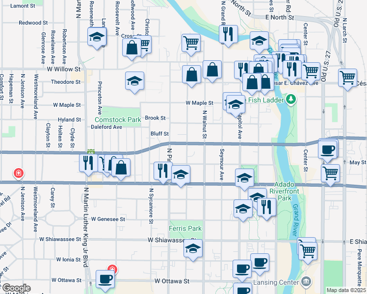 map of restaurants, bars, coffee shops, grocery stores, and more near 910 North Chestnut Street in Lansing