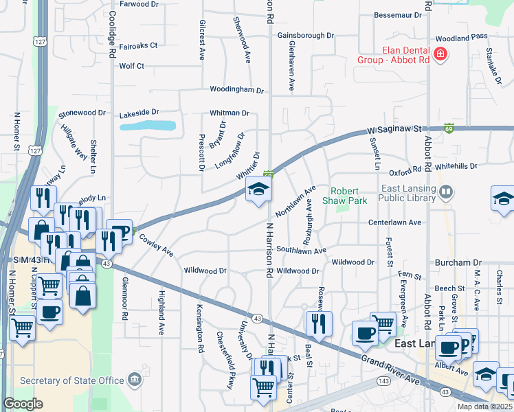 map of restaurants, bars, coffee shops, grocery stores, and more near 939 North Harrison Road in East Lansing