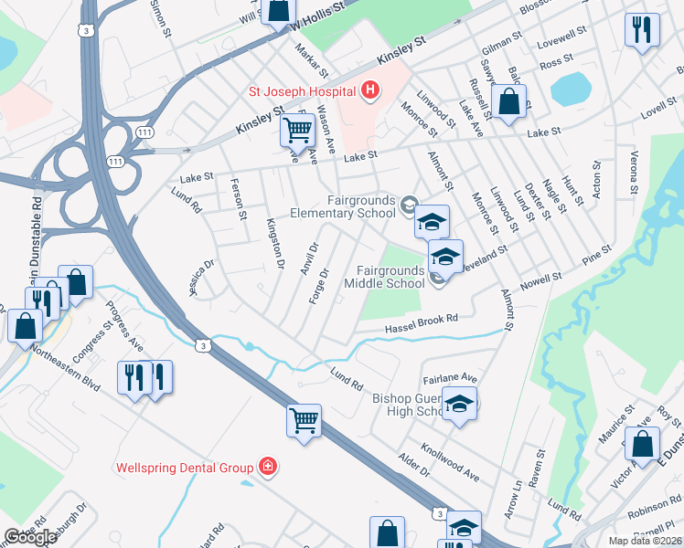 map of restaurants, bars, coffee shops, grocery stores, and more near 39b Caldwell Road in Nashua