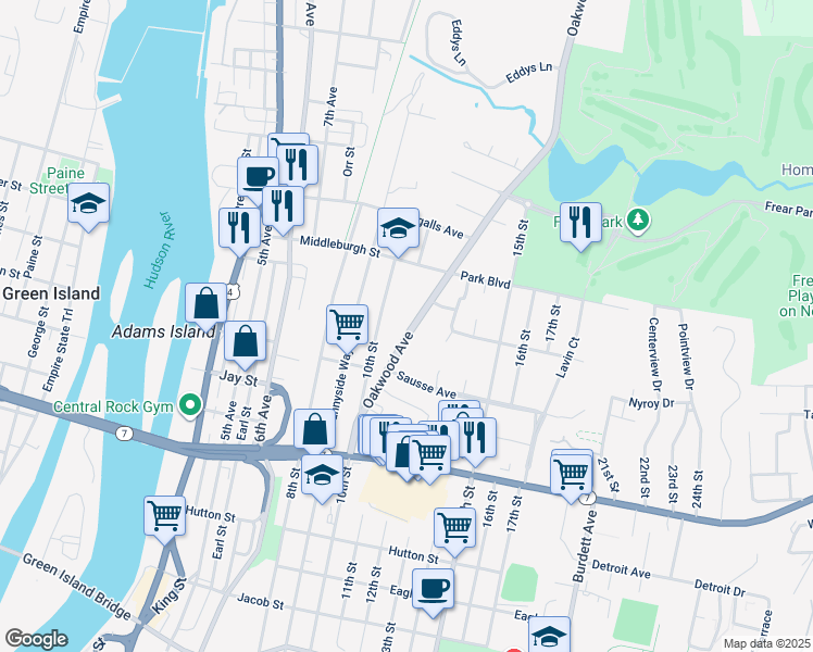 map of restaurants, bars, coffee shops, grocery stores, and more near 86 Oakwood Avenue in Troy