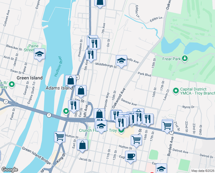map of restaurants, bars, coffee shops, grocery stores, and more near 462 8th Street in Troy