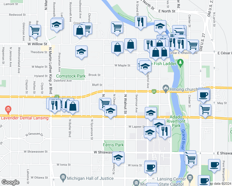 map of restaurants, bars, coffee shops, grocery stores, and more near 910 North Chestnut Street in Lansing