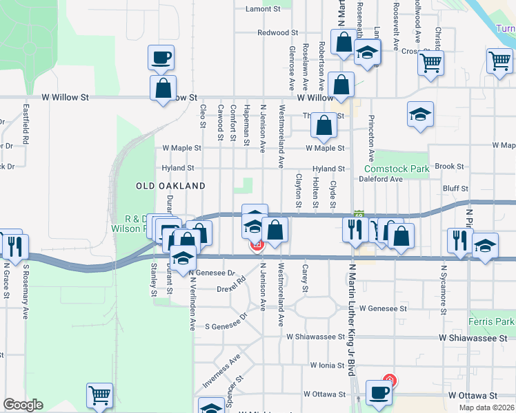 map of restaurants, bars, coffee shops, grocery stores, and more near 909 North Jenison Avenue in Lansing