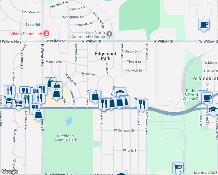 map of restaurants, bars, coffee shops, grocery stores, and more near 905 Dryer Farm Road in Lansing