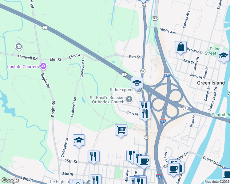 map of restaurants, bars, coffee shops, grocery stores, and more near 23 Lansing Avenue in Watervliet
