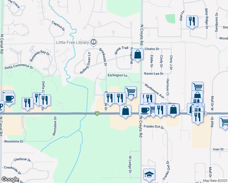 map of restaurants, bars, coffee shops, grocery stores, and more near 6528 West Saginaw Highway in Lansing
