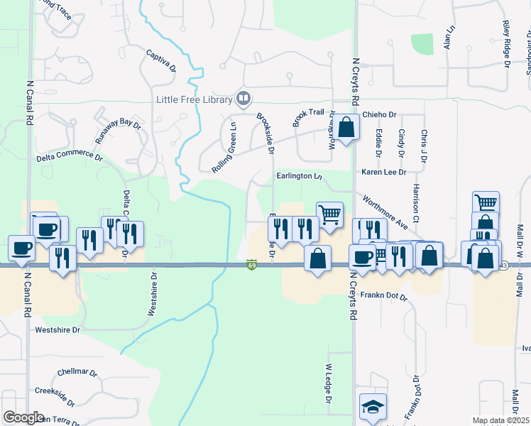 map of restaurants, bars, coffee shops, grocery stores, and more near 831 Brookside Drive in Lansing