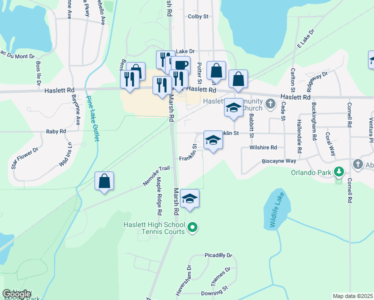 map of restaurants, bars, coffee shops, grocery stores, and more near 5593 Franklin Street in Meridian charter Township