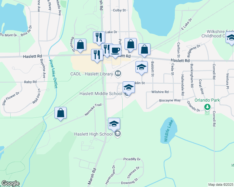 map of restaurants, bars, coffee shops, grocery stores, and more near 5593 Franklin Street in Meridian charter Township