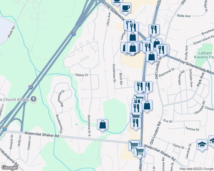 map of restaurants, bars, coffee shops, grocery stores, and more near 57 History Hills Court in Latham