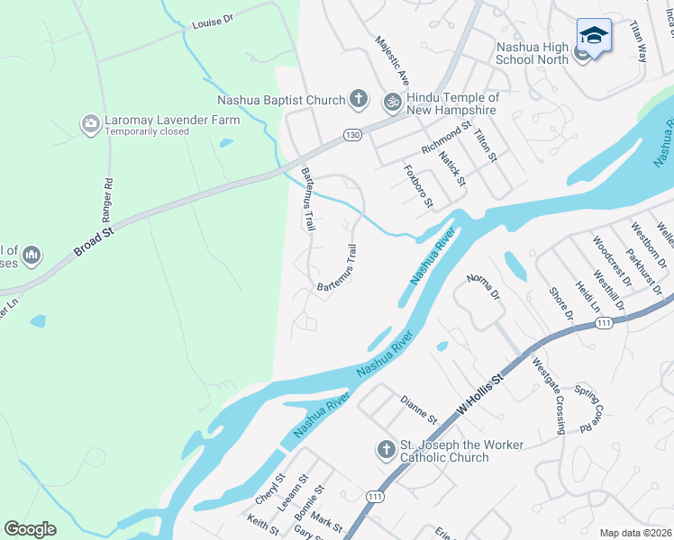 map of restaurants, bars, coffee shops, grocery stores, and more near 100 Bartemus Trail in Nashua