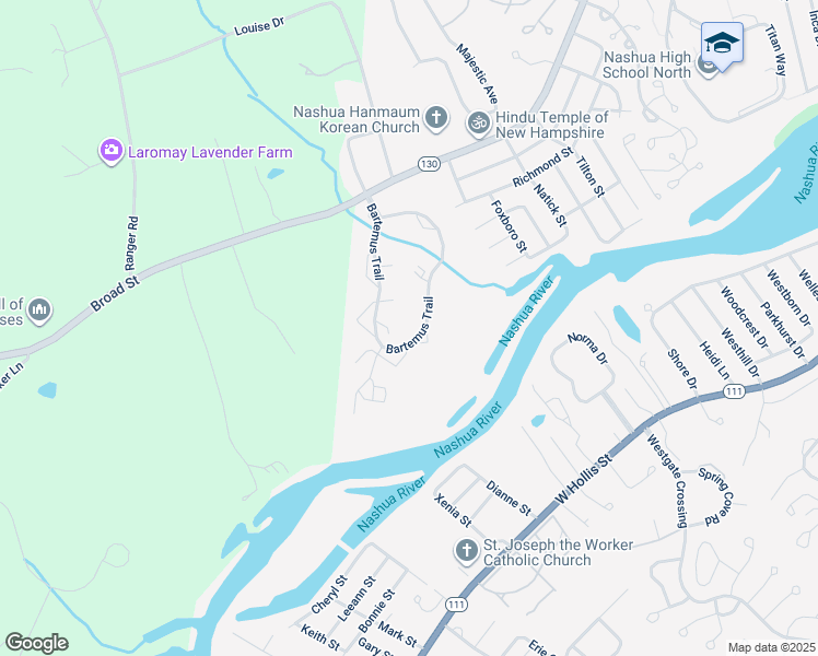 map of restaurants, bars, coffee shops, grocery stores, and more near 100 Bartemus Trail in Nashua