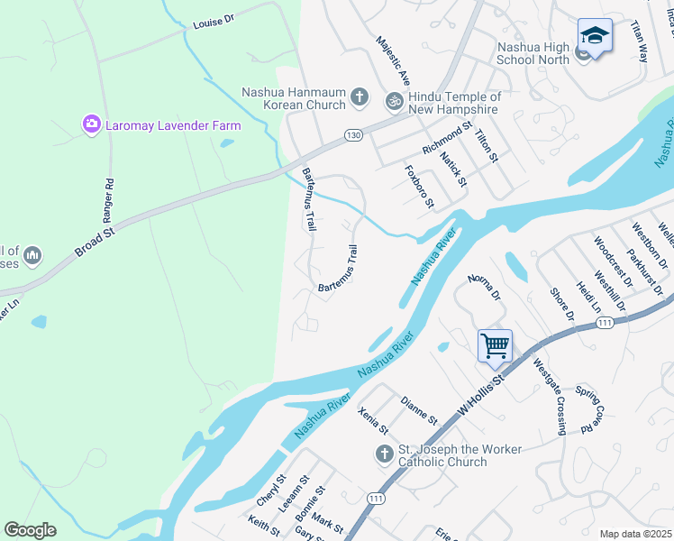 map of restaurants, bars, coffee shops, grocery stores, and more near 100 Bartemus Trail in Nashua