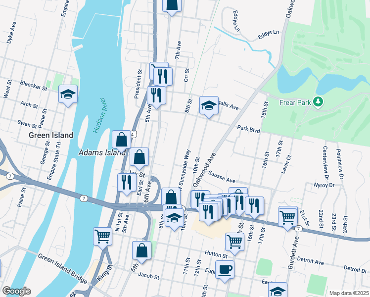map of restaurants, bars, coffee shops, grocery stores, and more near 462 8th Street in Troy