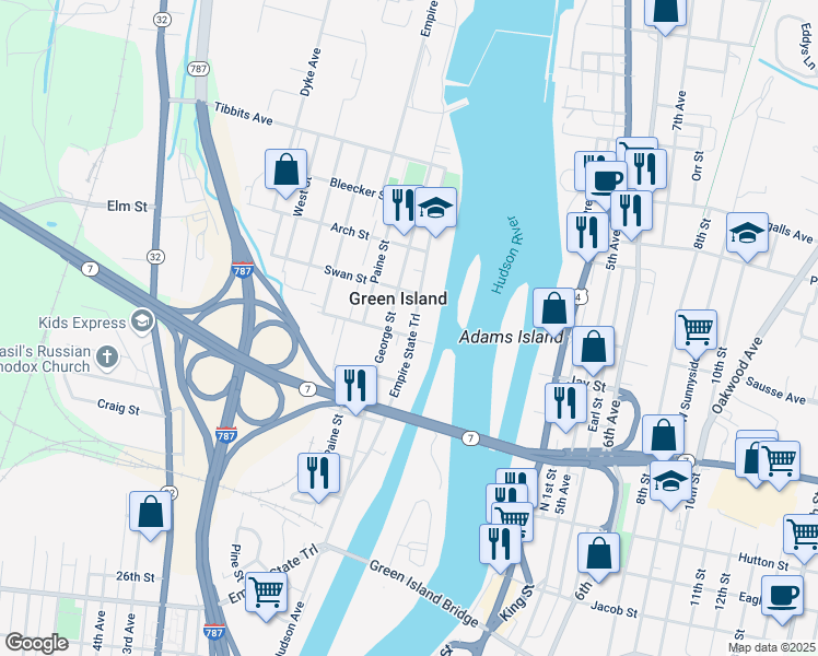 map of restaurants, bars, coffee shops, grocery stores, and more near 125 Hudson Avenue in Troy