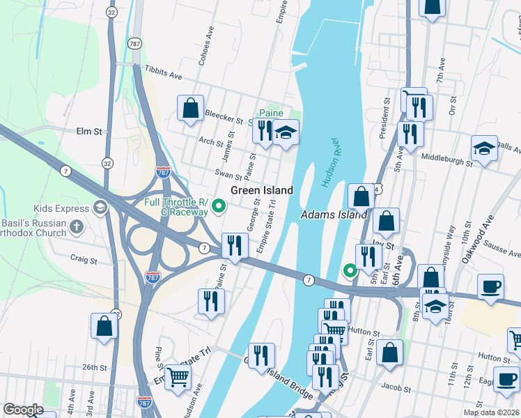 map of restaurants, bars, coffee shops, grocery stores, and more near in Green Island
