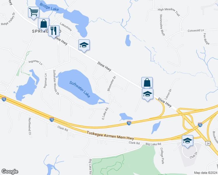 map of restaurants, bars, coffee shops, grocery stores, and more near 9067 Bavarian Court in Clarkston