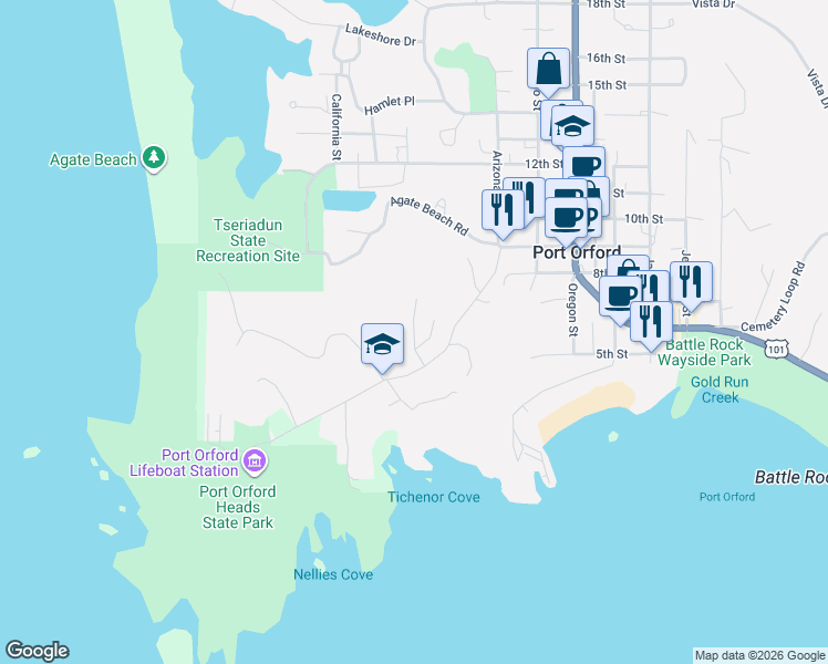 map of restaurants, bars, coffee shops, grocery stores, and more near Tichenor Cemetery Road in Port Orford