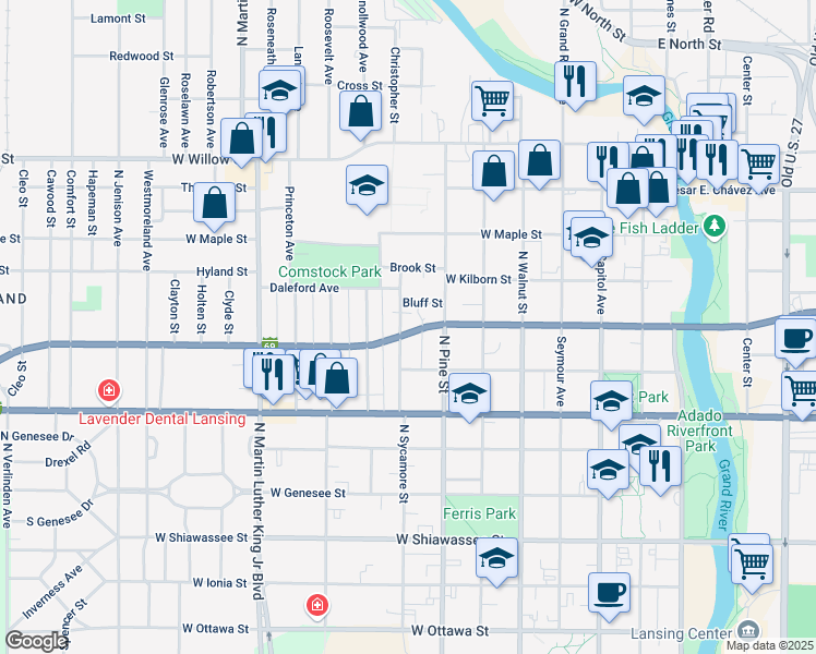 map of restaurants, bars, coffee shops, grocery stores, and more near 836 North Sycamore Street in Lansing