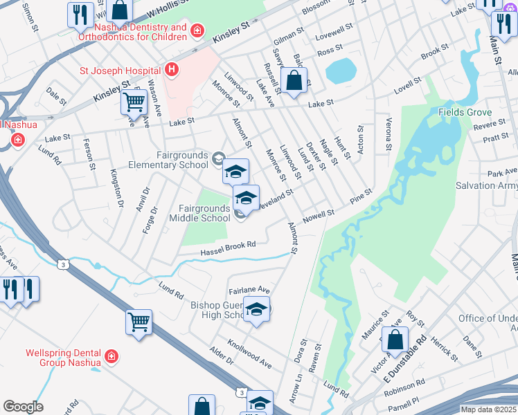 map of restaurants, bars, coffee shops, grocery stores, and more near 27 Cleveland Street in Nashua