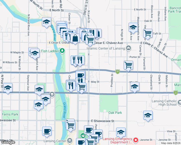 map of restaurants, bars, coffee shops, grocery stores, and more near 910 North Larch Street in Lansing