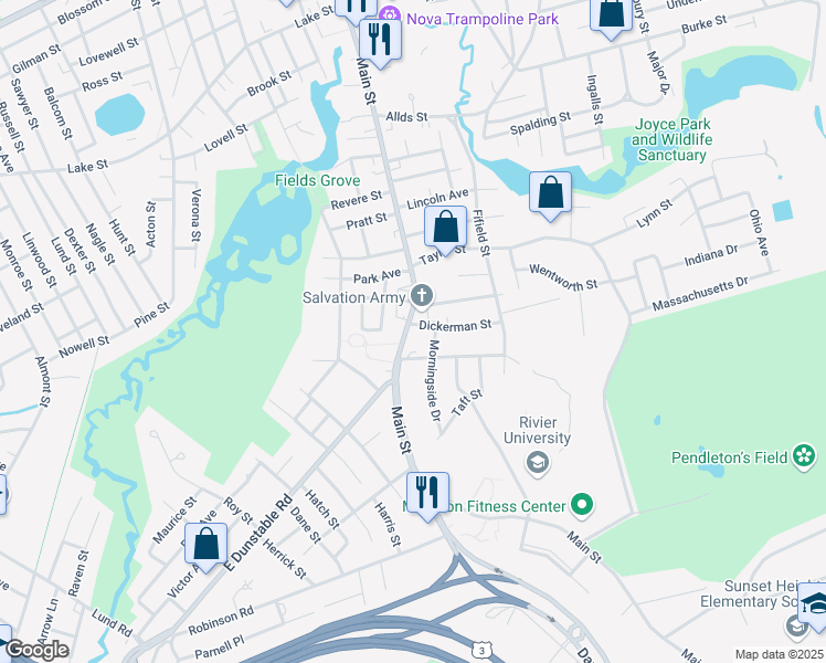 map of restaurants, bars, coffee shops, grocery stores, and more near 1 Dickerman Street in Nashua