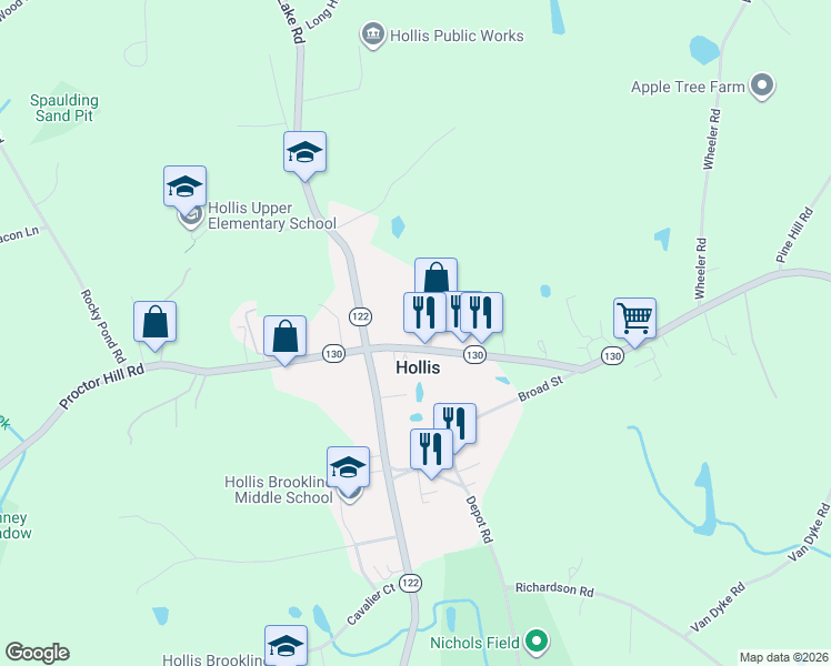 map of restaurants, bars, coffee shops, grocery stores, and more near 45 Market Place in Hollis