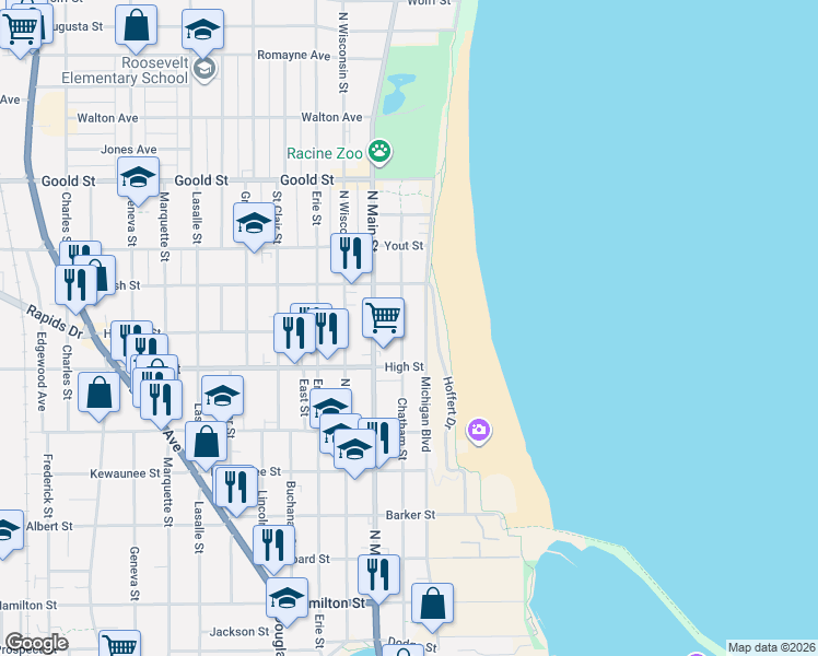 map of restaurants, bars, coffee shops, grocery stores, and more near 1818 Michigan Boulevard in Racine