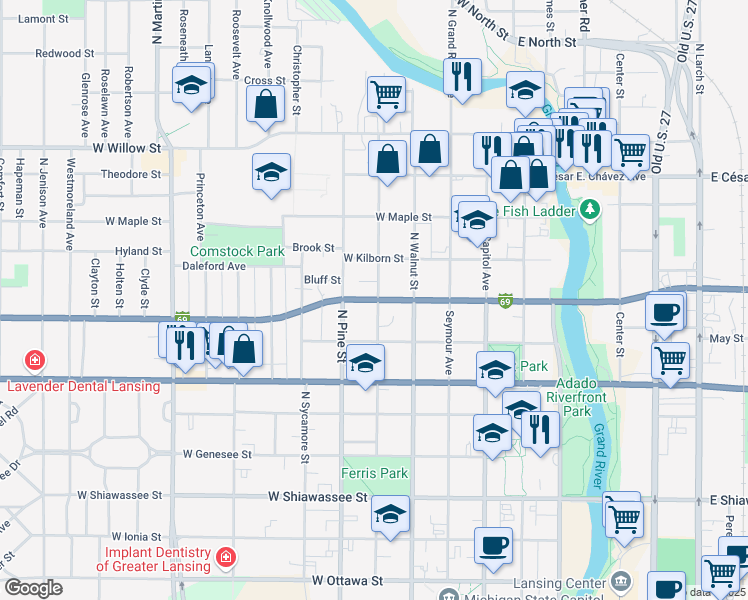 map of restaurants, bars, coffee shops, grocery stores, and more near 506 West Oakland Road in Lansing