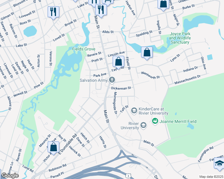 map of restaurants, bars, coffee shops, grocery stores, and more near 1 Montgomery Avenue in Nashua