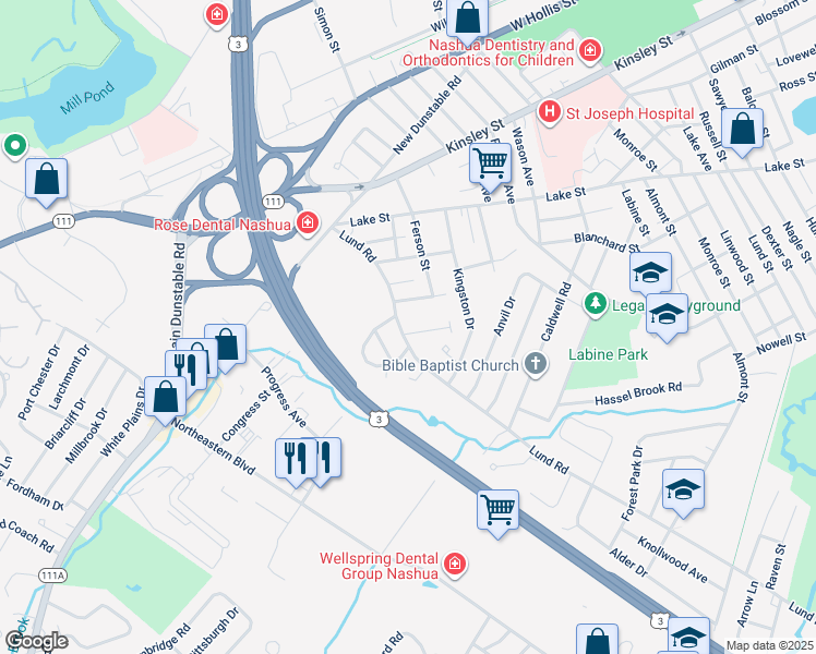 map of restaurants, bars, coffee shops, grocery stores, and more near 3 Jessica Drive in Nashua