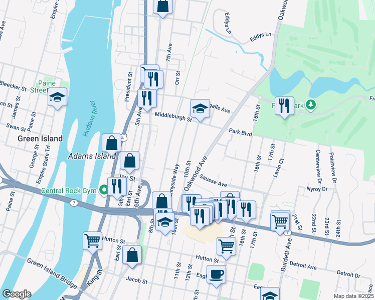map of restaurants, bars, coffee shops, grocery stores, and more near 437 10th Street in Troy