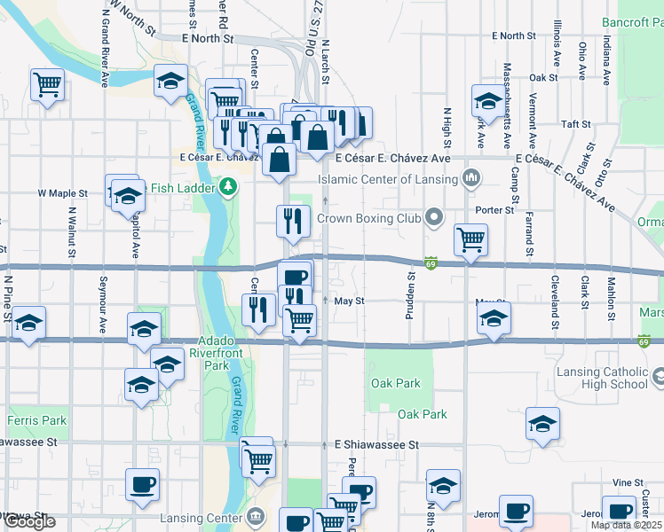 map of restaurants, bars, coffee shops, grocery stores, and more near 910 North Larch Street in Lansing