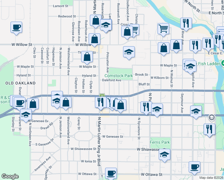map of restaurants, bars, coffee shops, grocery stores, and more near 912 Princeton Avenue in Lansing