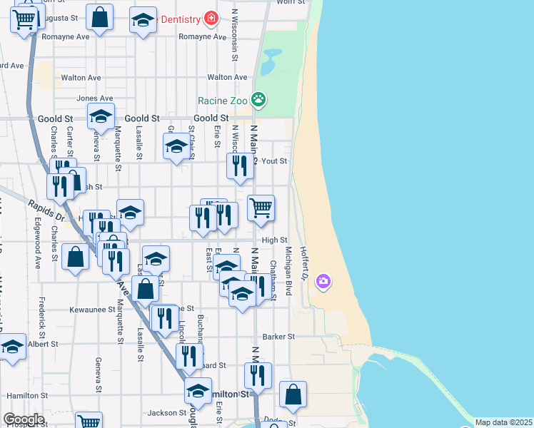 map of restaurants, bars, coffee shops, grocery stores, and more near 1821 North Main Street in Racine
