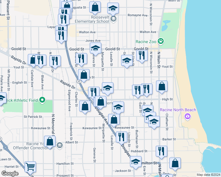 map of restaurants, bars, coffee shops, grocery stores, and more near 1820 Lasalle Street in Racine
